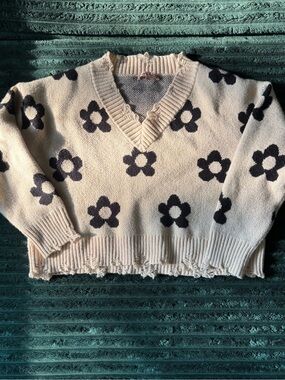 Floral V-Neck Distressed Knit Sweater - Cream with Black Flowers